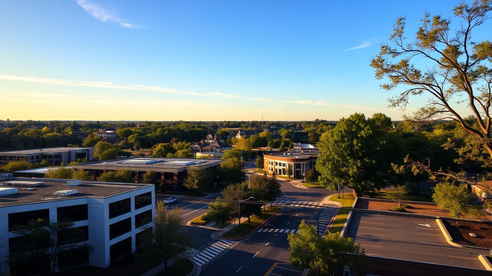Alpharetta and Johns Creek Georgia suburban cityscape with office parks and tree-lined streets