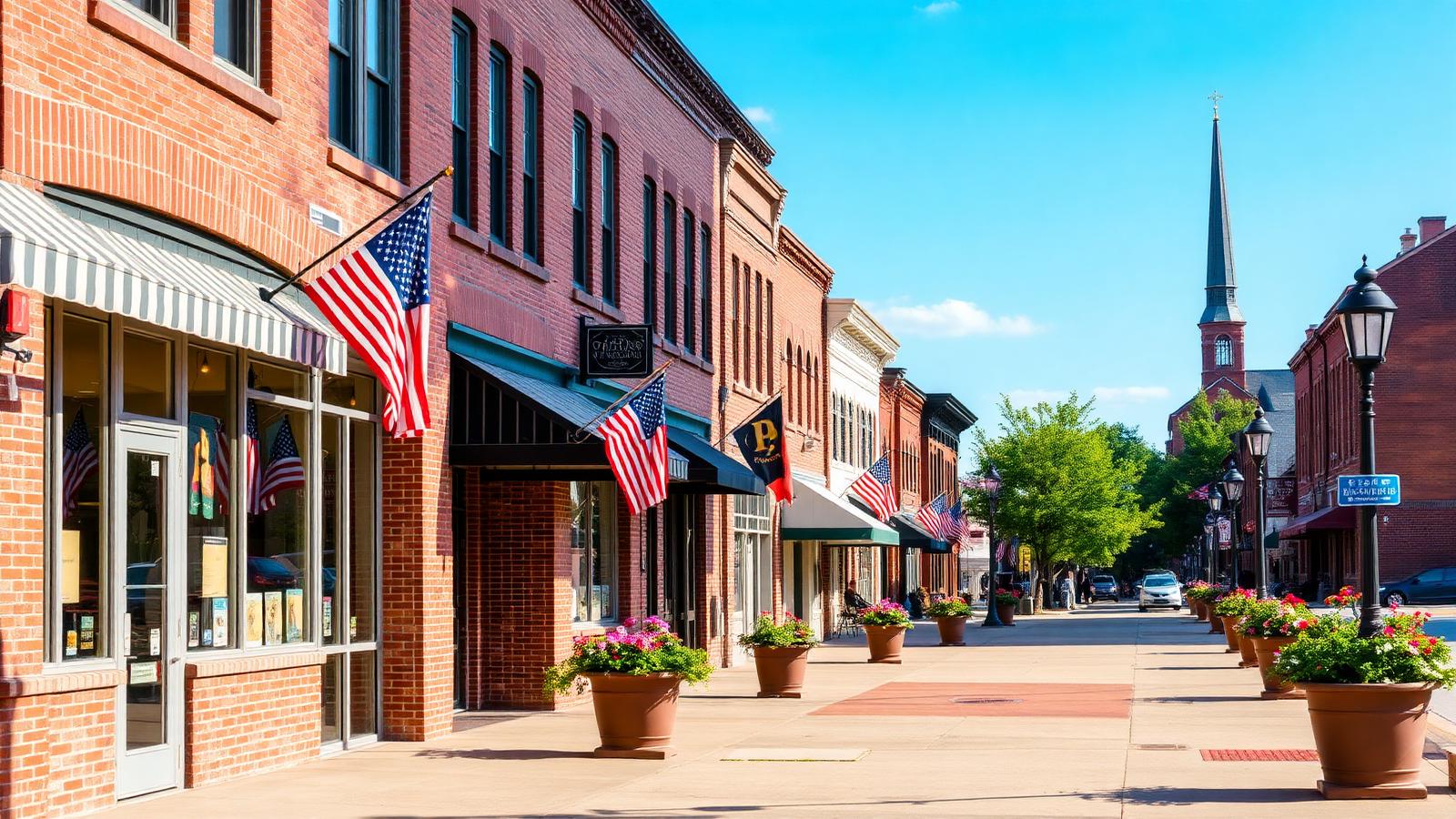 Historic downtown Plainfield Illinois Main Street with red brick storefronts, striped awnings, American flags, flower planters, and a church steeple in the distance