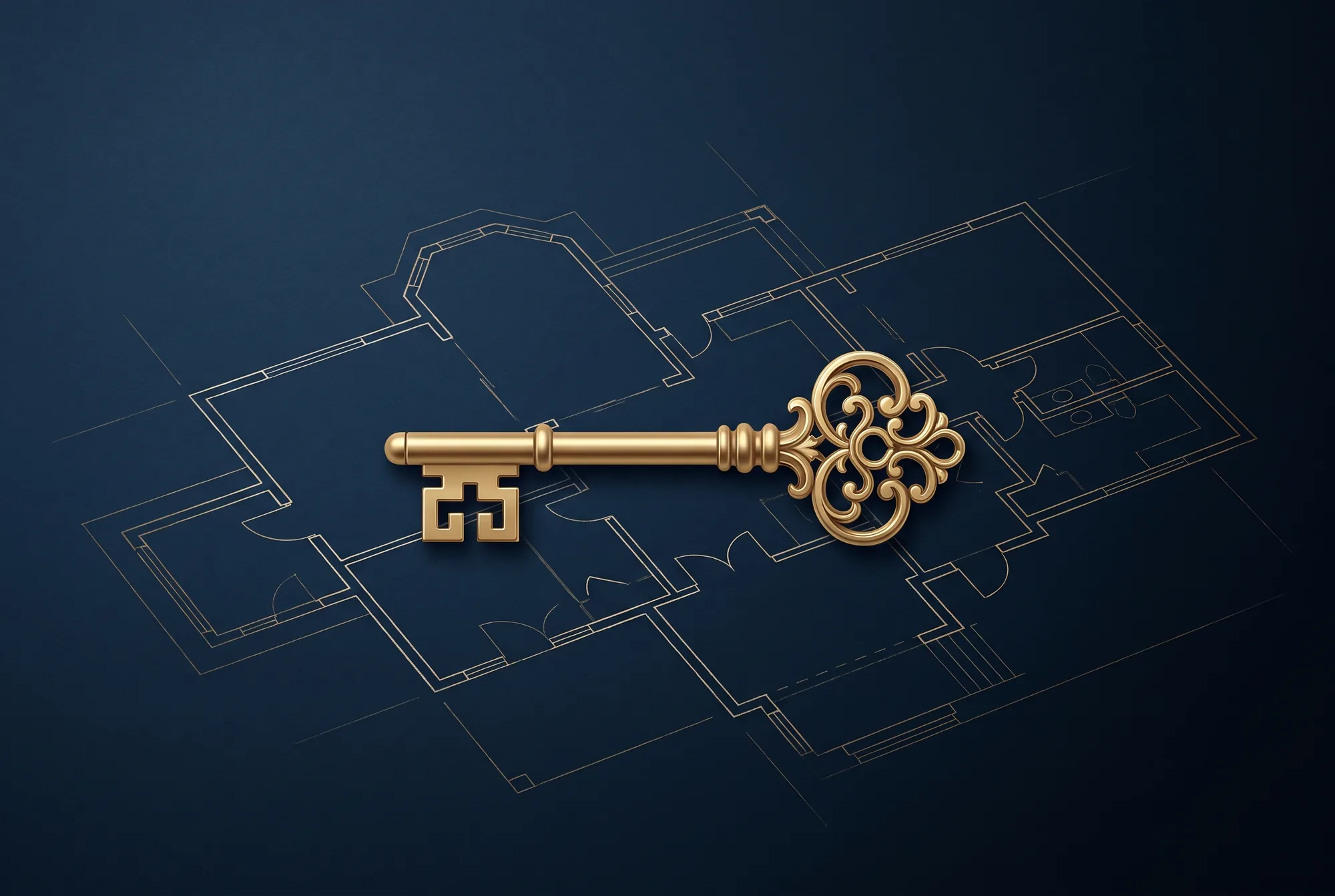 Gold key on an architectural blueprint, representing ABS Home Mortgage guiding clients to homeownership.
