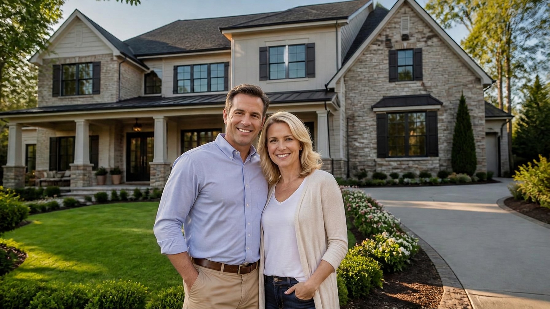 Couple in their mid-40s smiling in front of a large suburban home