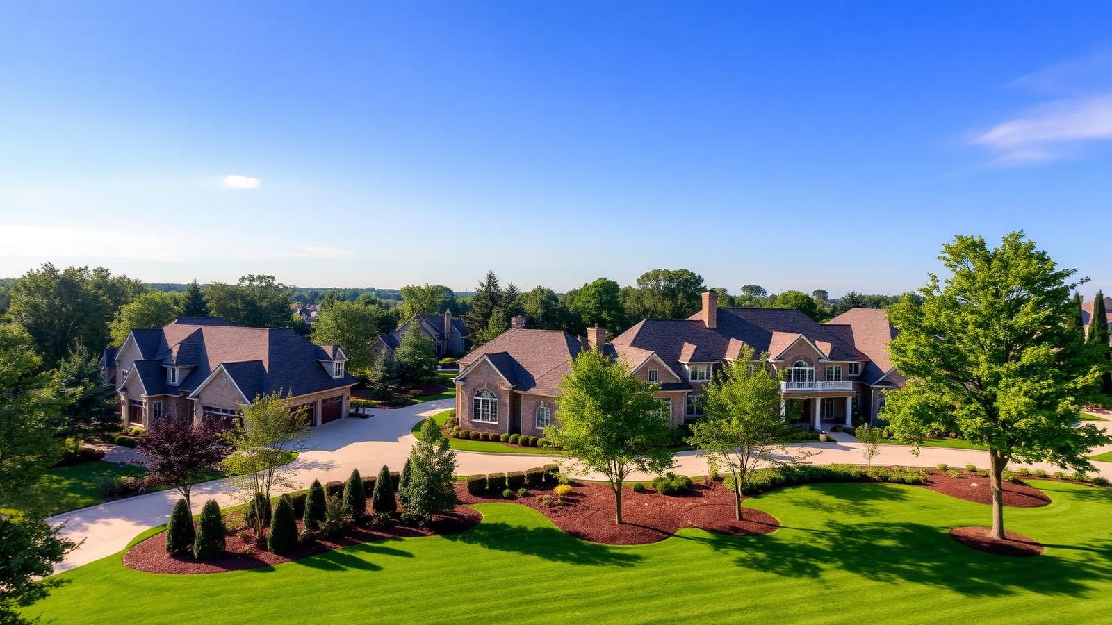 Burr Ridge Illinois luxury suburban neighborhood with custom brick homes, mature trees, and manicured landscaping
