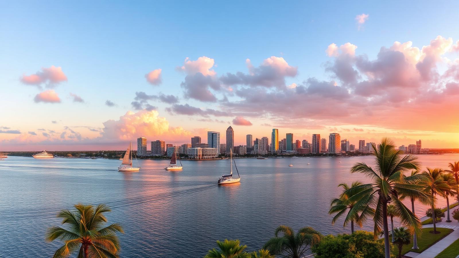 Sarasota, Florida downtown skyline over Sarasota Bay at sunset with sailboats and palm trees