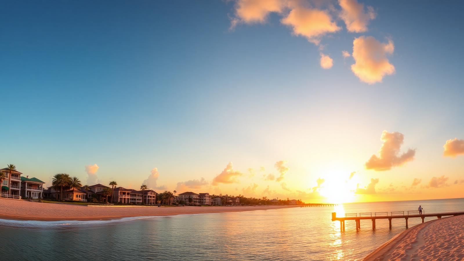 Naples, Florida beachfront and Gulf of Mexico coastline at sunset with palm trees and pier