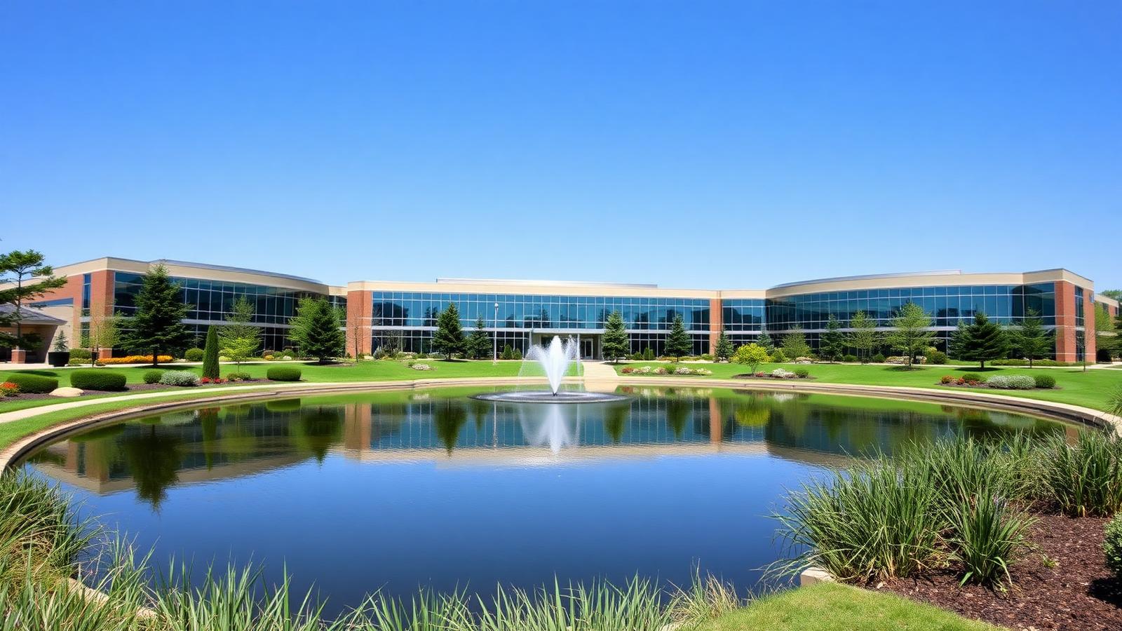Oak Brook Illinois modern corporate campus with luxury landscaping and reflecting pond