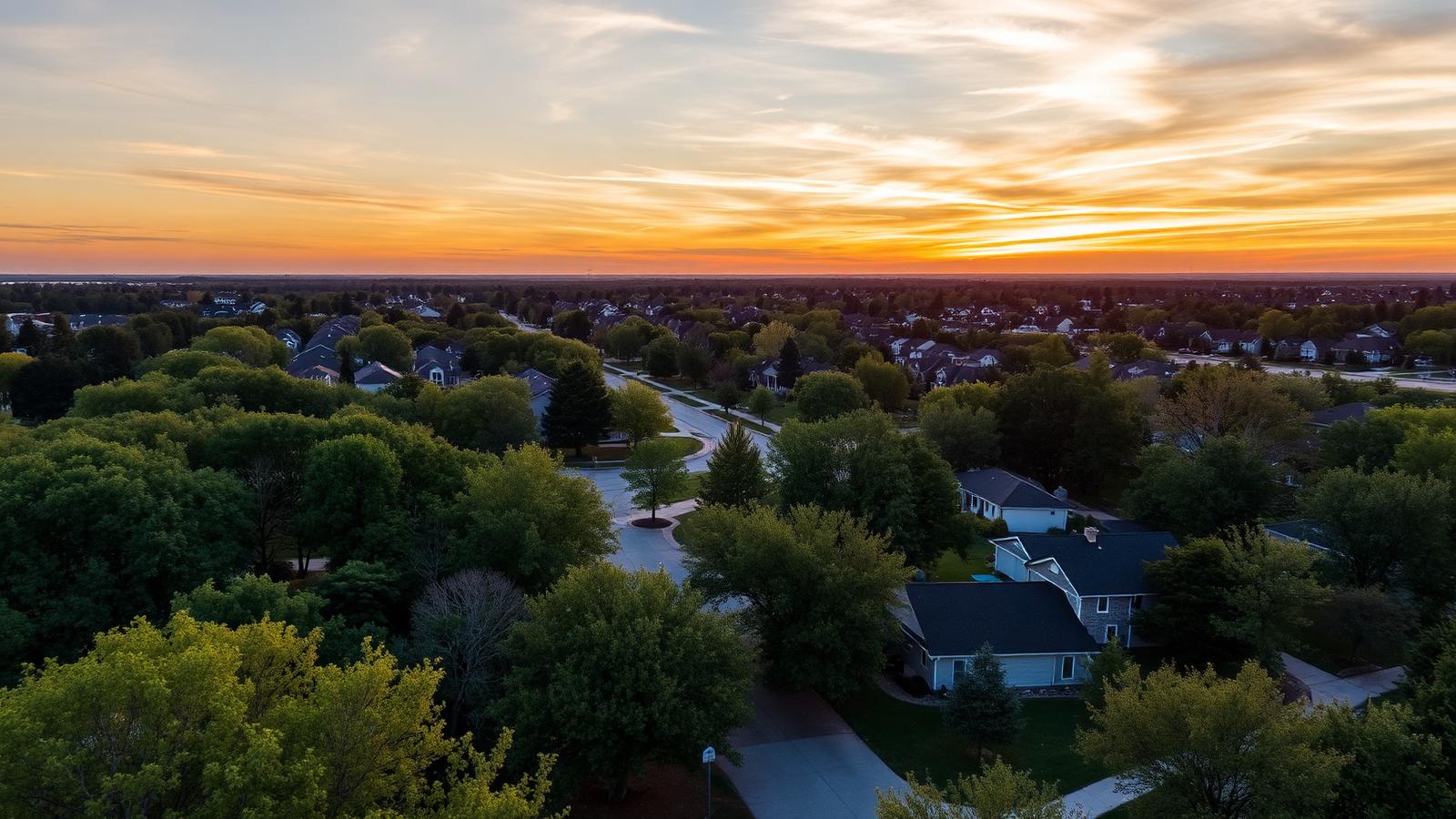 Hoffman Estates, Illinois tree-lined suburban neighborhood at sunset with single-family homes