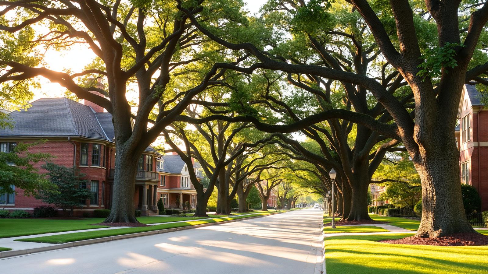 Tree-lined North Shore Chicago suburban street with historic brick homes at golden hour, evoking Winnetka, Wilmette, and Highland Park