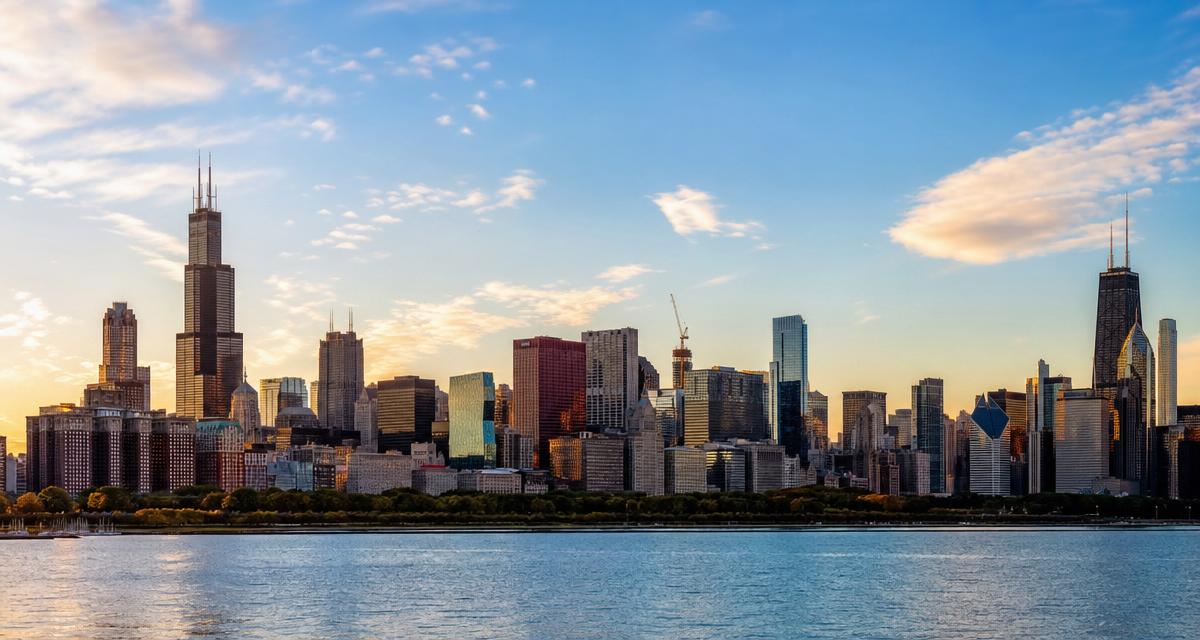 Chicago skyline at sunset with Lake Michigan and downtown skyscrapers