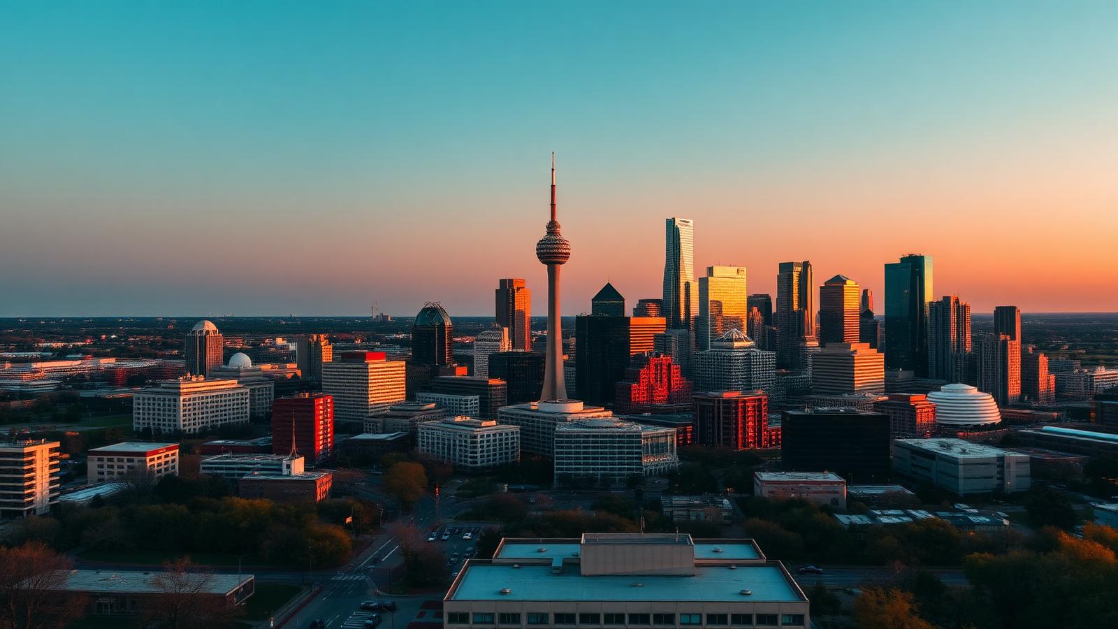 Dallas–Fort Worth downtown skyline with Reunion Tower at golden hour