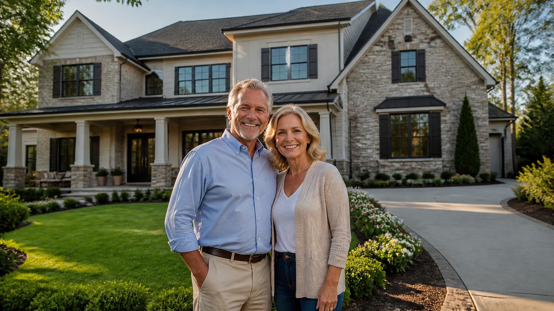 Mature couple smiling in front of a large suburban home