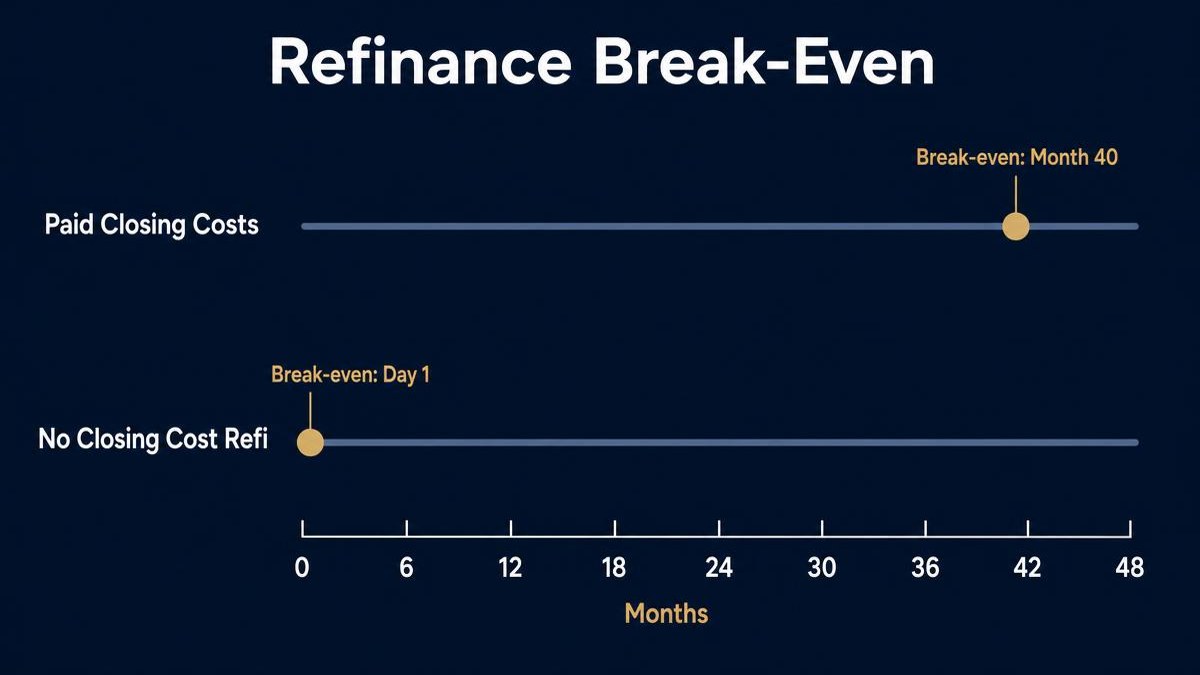 Break-even comparison showing a paid-cost refinance reaching break-even at month 40 versus a no closing cost refinance at day one - ABS Home Mortgage, Inc.