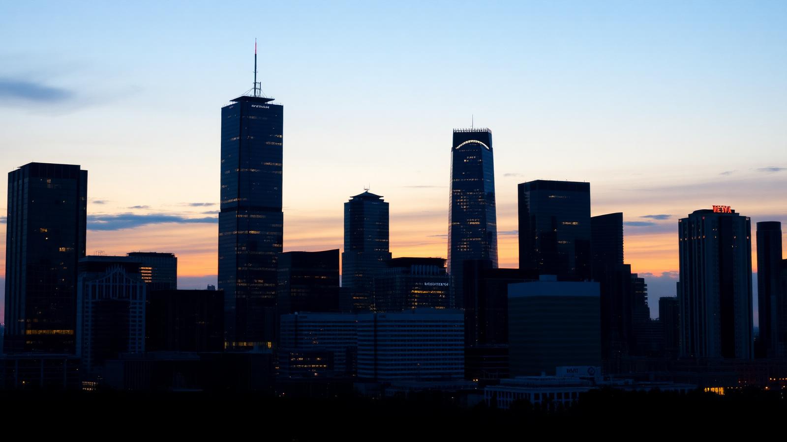 Houston, Texas downtown skyline silhouetted at dusk