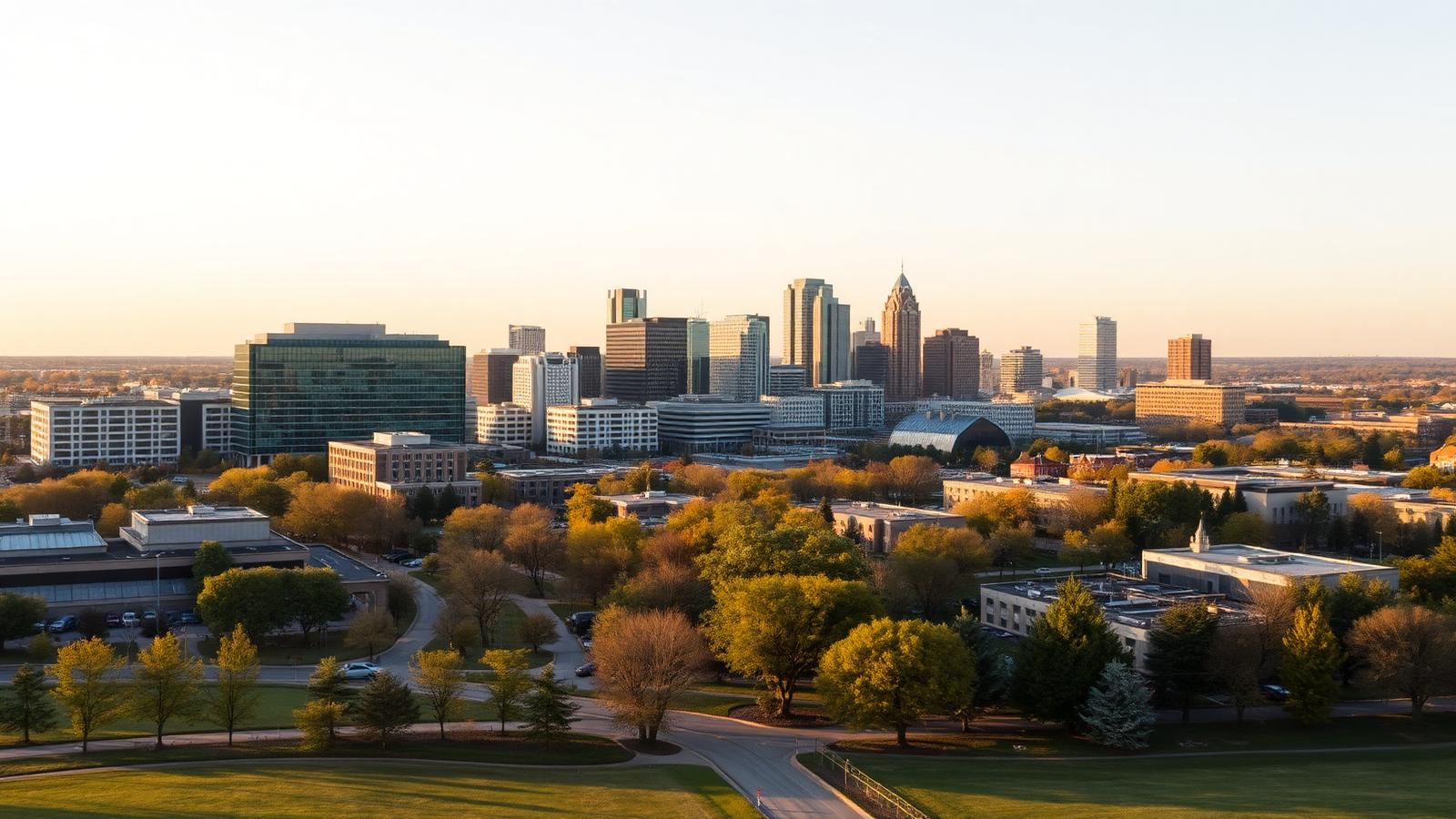 Schaumburg, Illinois suburban skyline with modern office towers at golden hour