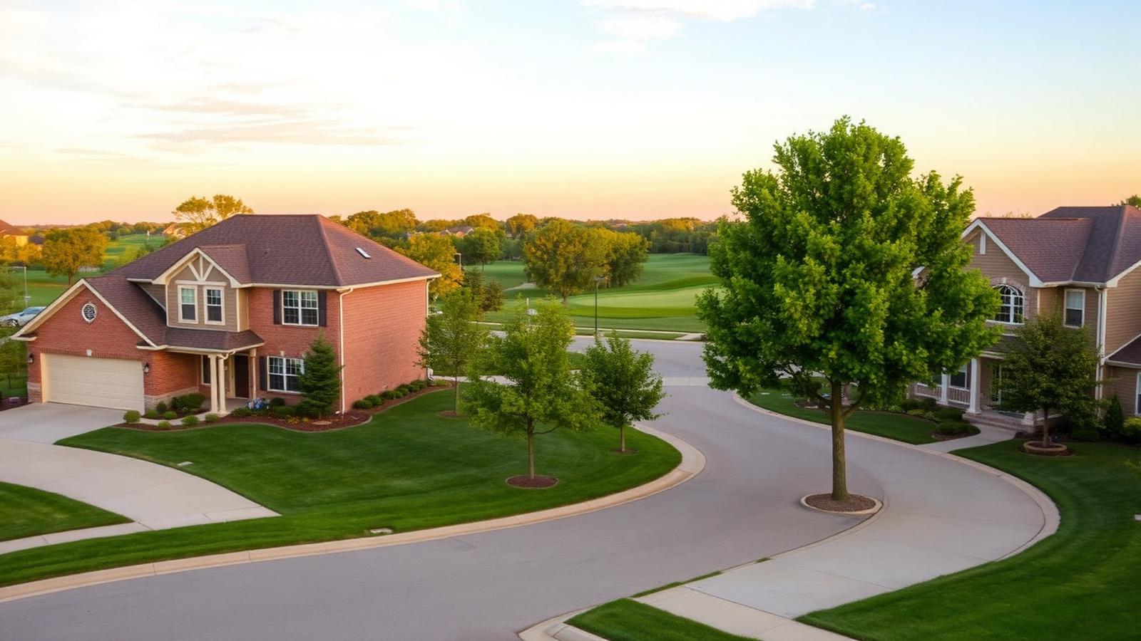 Bolingbrook Illinois family neighborhood at sunset with two-story brick and siding homes, curved residential street, manicured lawns, and golf course fairways in the background
