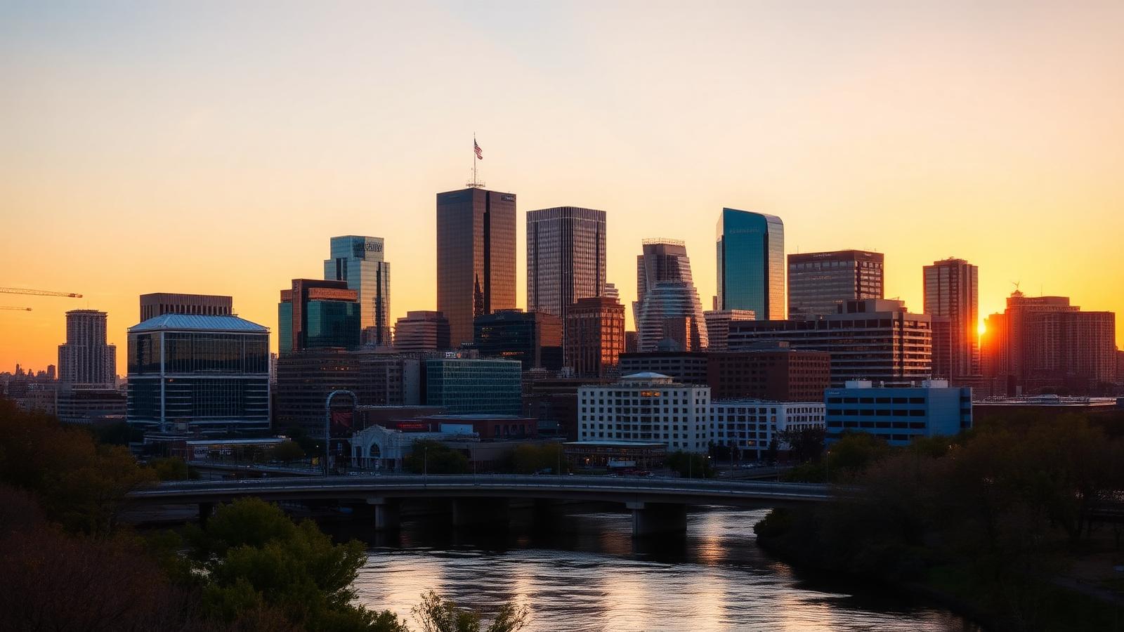 Austin, Texas downtown skyline over the Colorado River at sunset