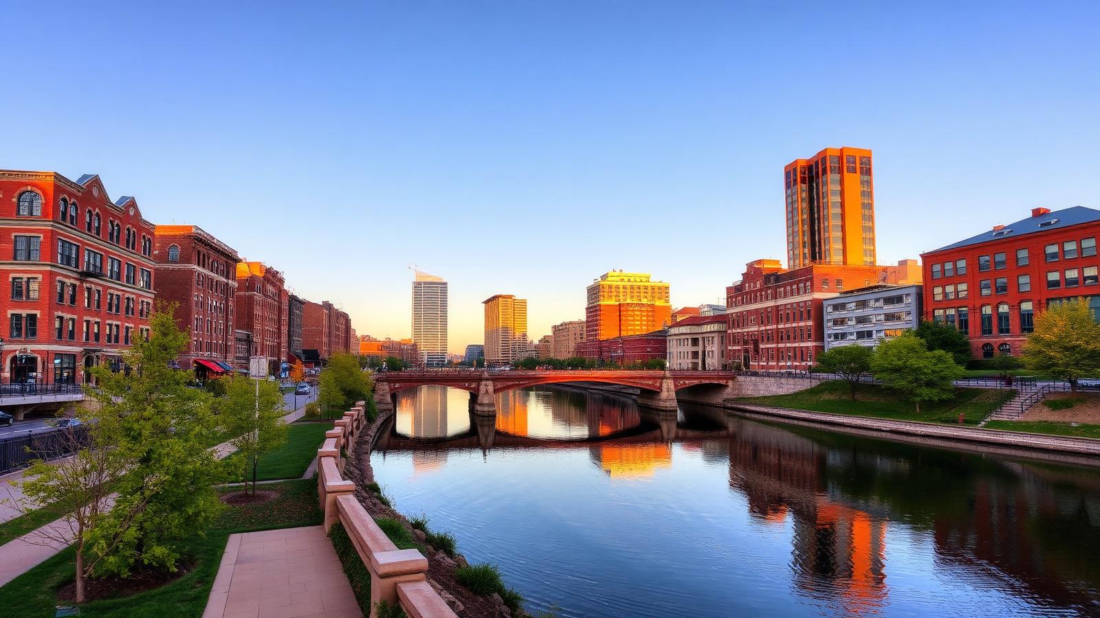 Downtown Aurora Illinois along the Fox River at golden hour with historic brick buildings, mid-rise towers, and a stone arch bridge reflected in the water