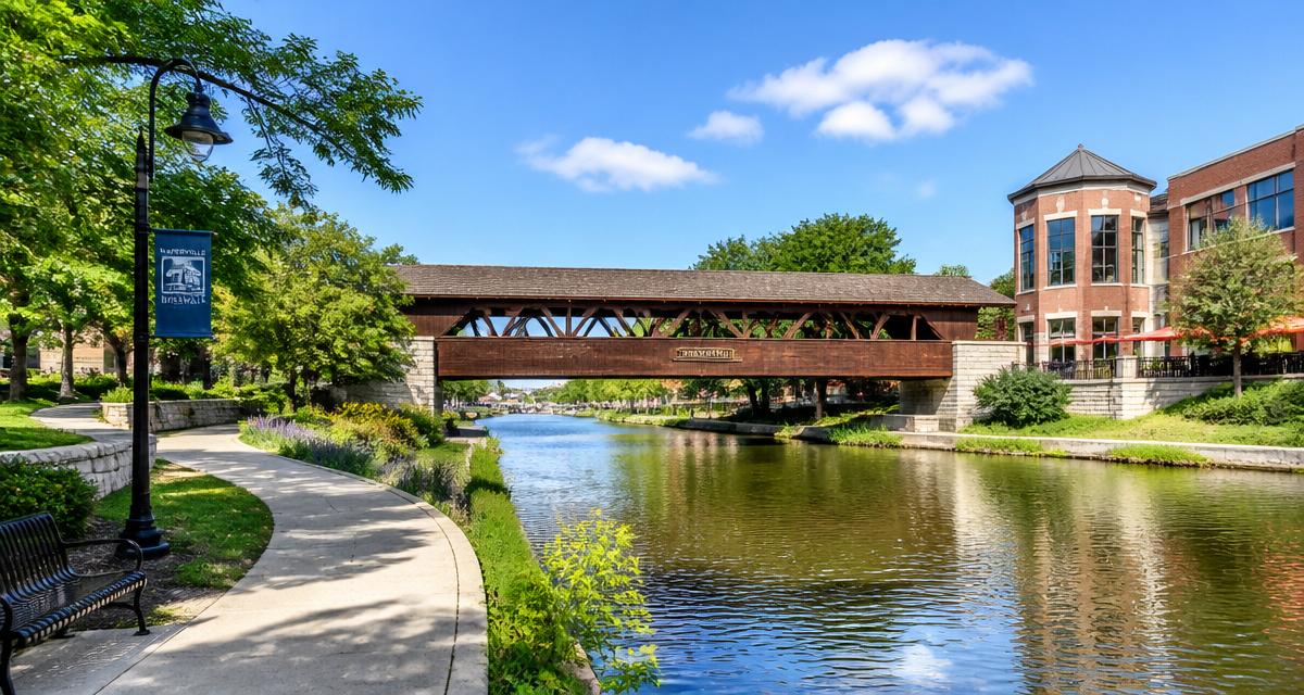 Naperville Riverwalk covered bridge over the DuPage River on a sunny day