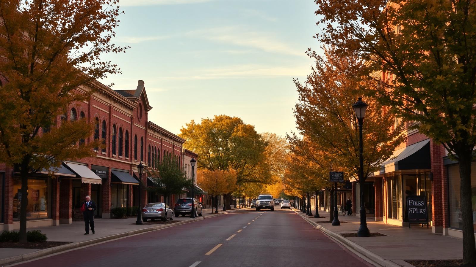 Hinsdale Illinois historic downtown district with brick storefronts and tree-lined streets in autumn