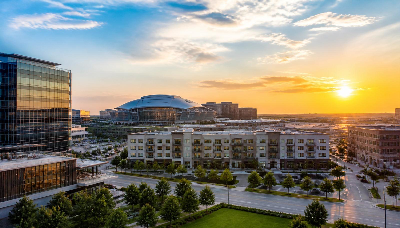 Frisco, Texas modern mixed-use skyline at sunset with The Star district