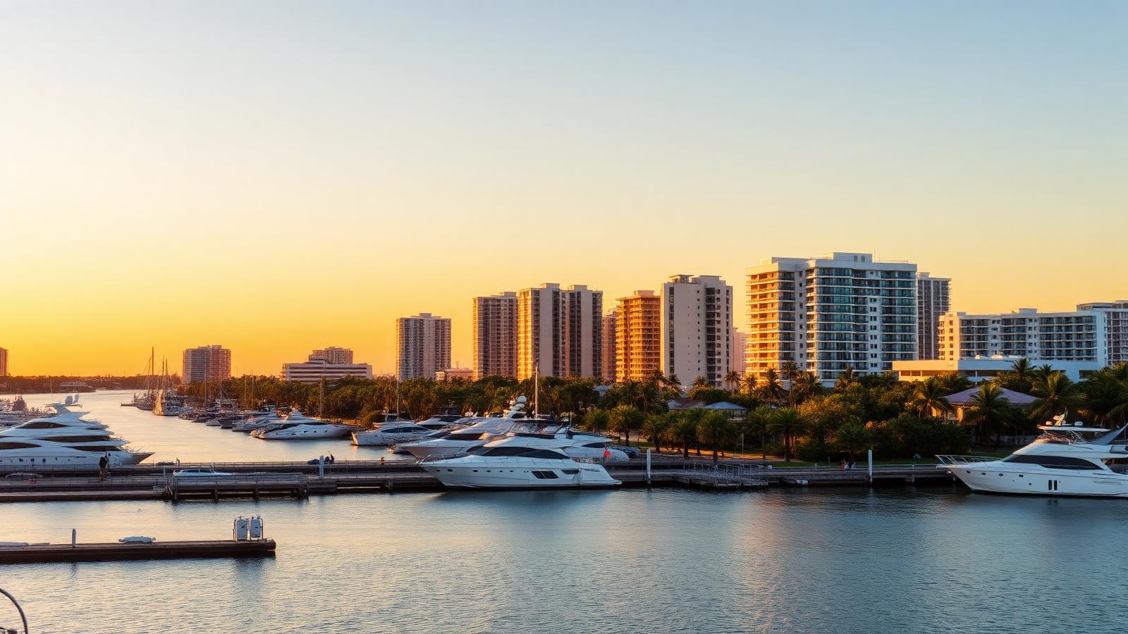 Palm Beach, Florida waterfront skyline with luxury condos, marina, and yachts at sunset