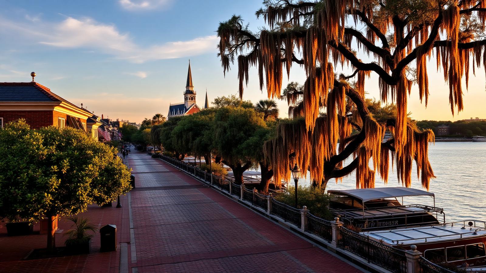 Historic Savannah Georgia riverfront with cobblestone streets and oak trees draped in Spanish moss