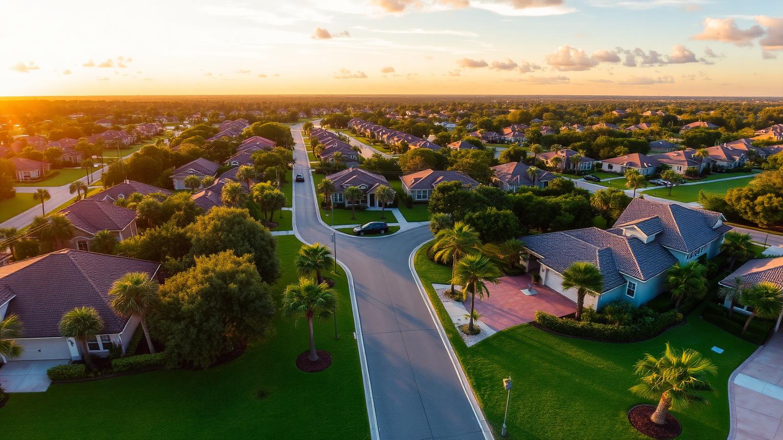 Aerial view of Parkland, Florida suburban gated community with luxury homes and palm trees at sunset