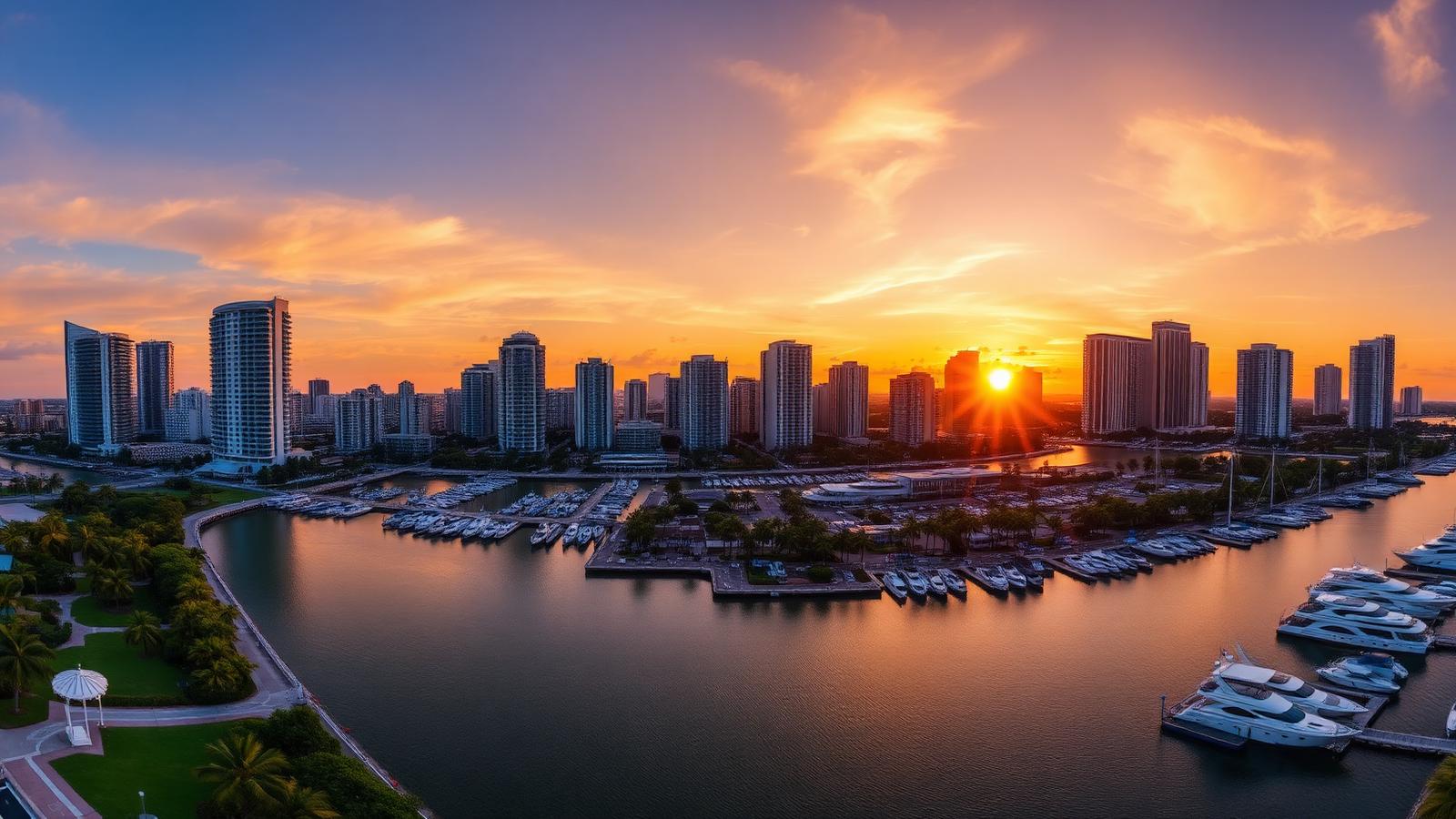 Fort Lauderdale, Florida skyline with marina, yachts, and Intracoastal Waterway at sunset