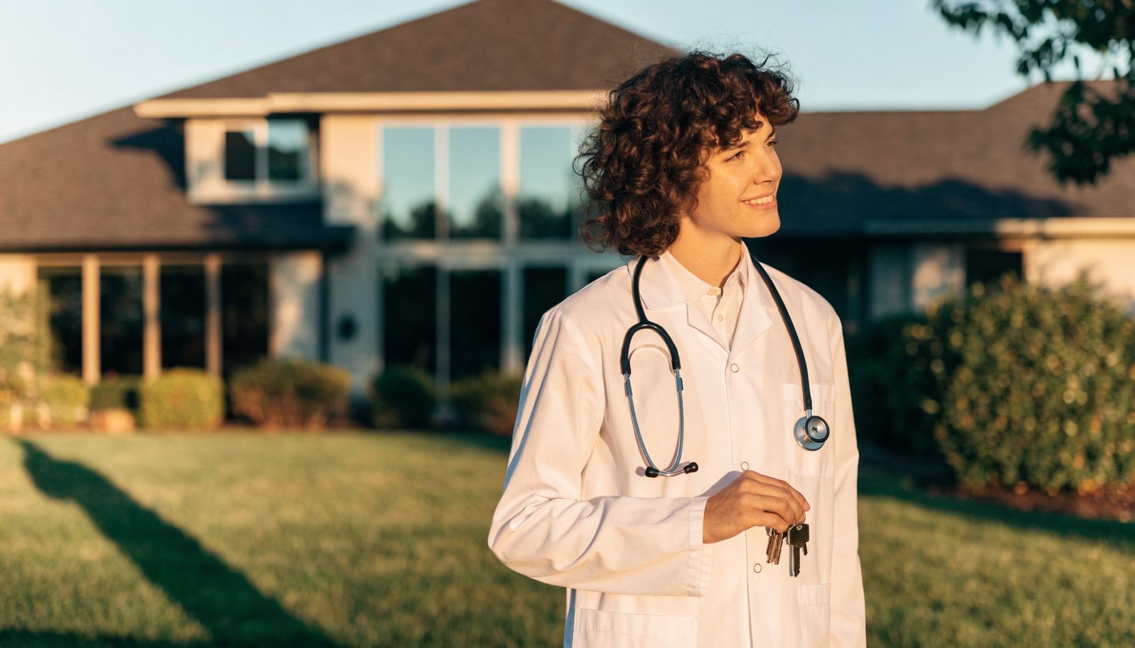 Physician in a white coat holding house keys in front of a new home - ABS Funding doctor loans (physician mortgage)